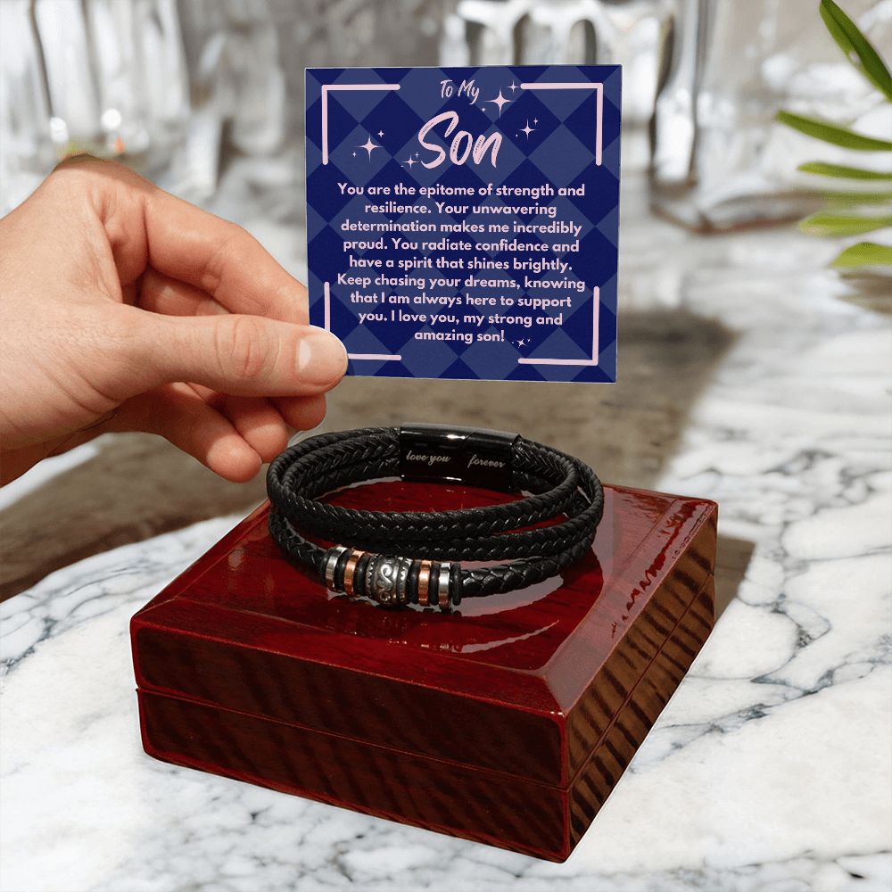 Birthday Gift To My Son, Black Vegan Bracelet With A Message Card In A Gift Box, Unique Gifts Ideas For Boys/Guys/Mens From Mom/Dad/Parents, Cool Present For Him - Zahlia