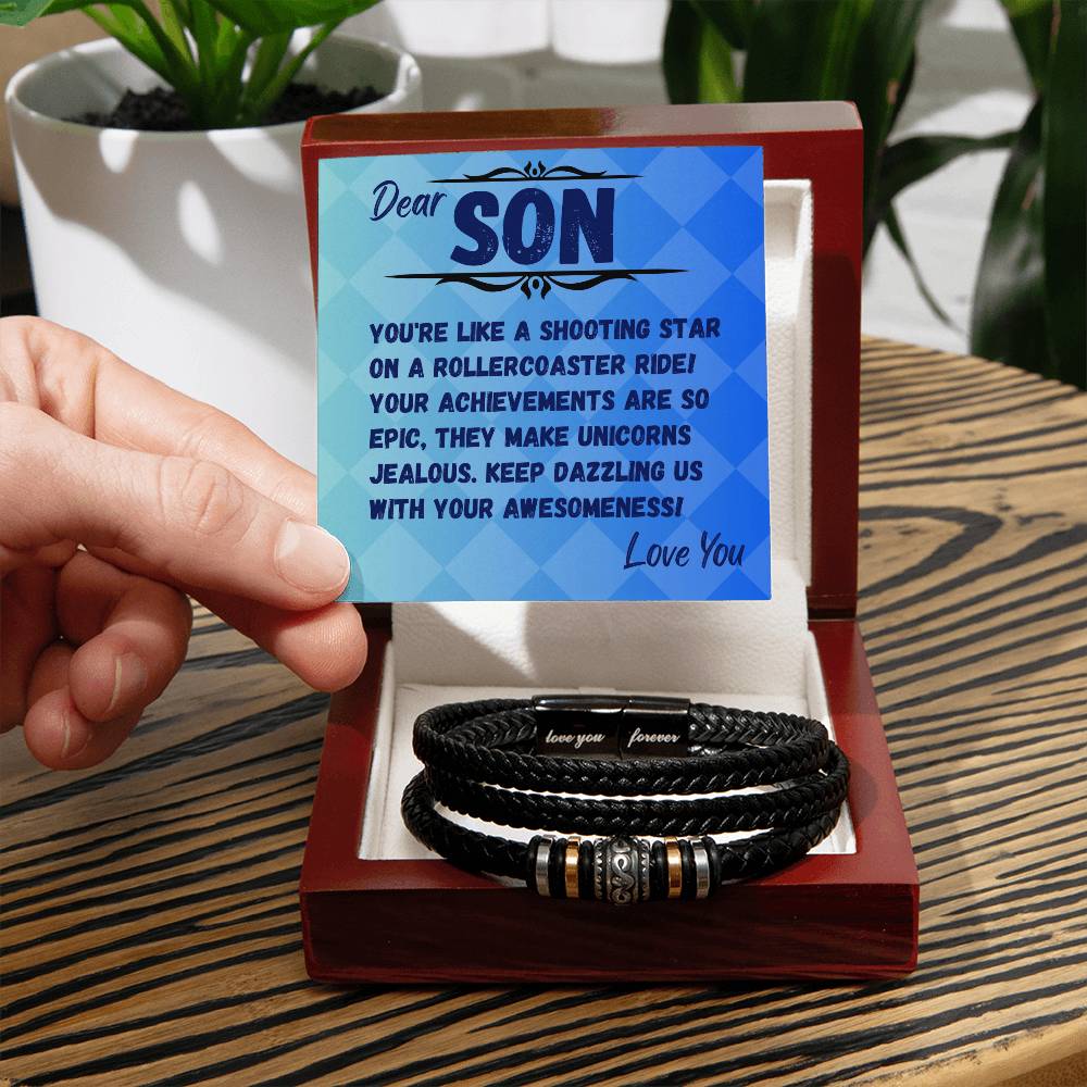 Birthday Gift To My Son, Black Vegan Bracelet With A Message Card In A Gift Box, Unique Gifts Ideas For Boys/Guys/Mens From Mom/Dad/Parents, Cool Present For Him - Zahlia