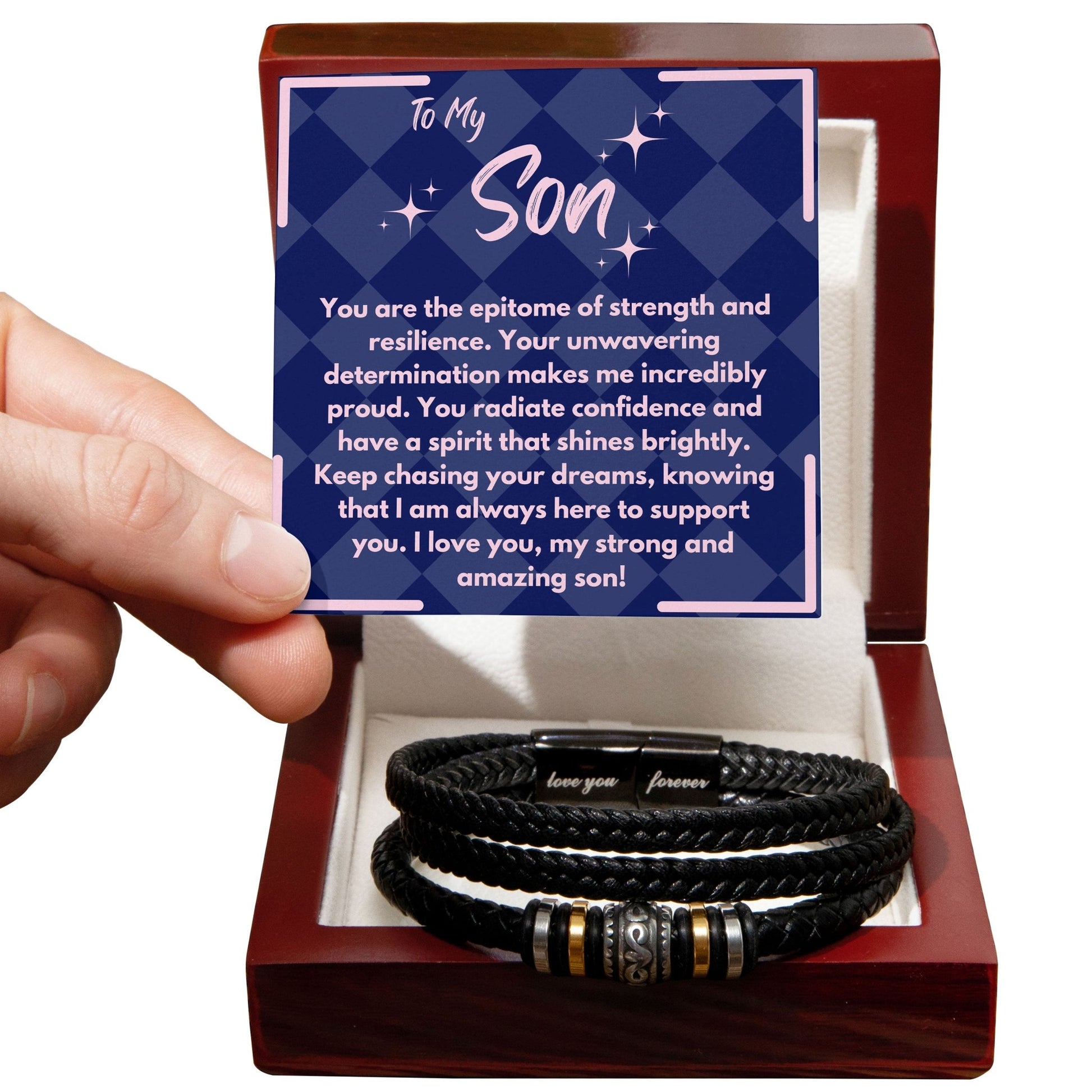 Birthday Gift To My Son, Black Vegan Bracelet With A Message Card In A Gift Box, Unique Gifts Ideas For Boys/Guys/Mens From Mom/Dad/Parents, Cool Present For Him - Zahlia