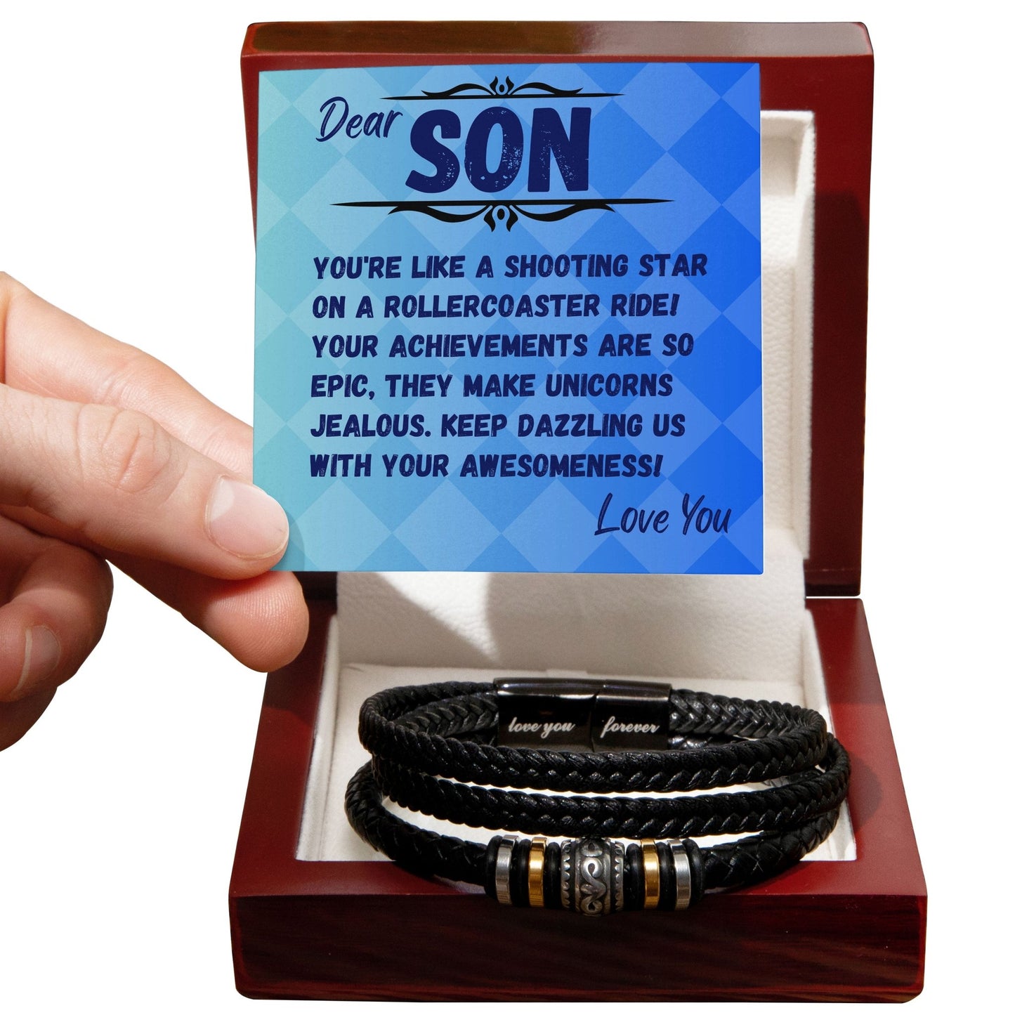 Birthday Gift To My Son, Black Vegan Bracelet With A Message Card In A Gift Box, Unique Gifts Ideas For Boys/Guys/Mens From Mom/Dad/Parents, Cool Present For Him - Zahlia