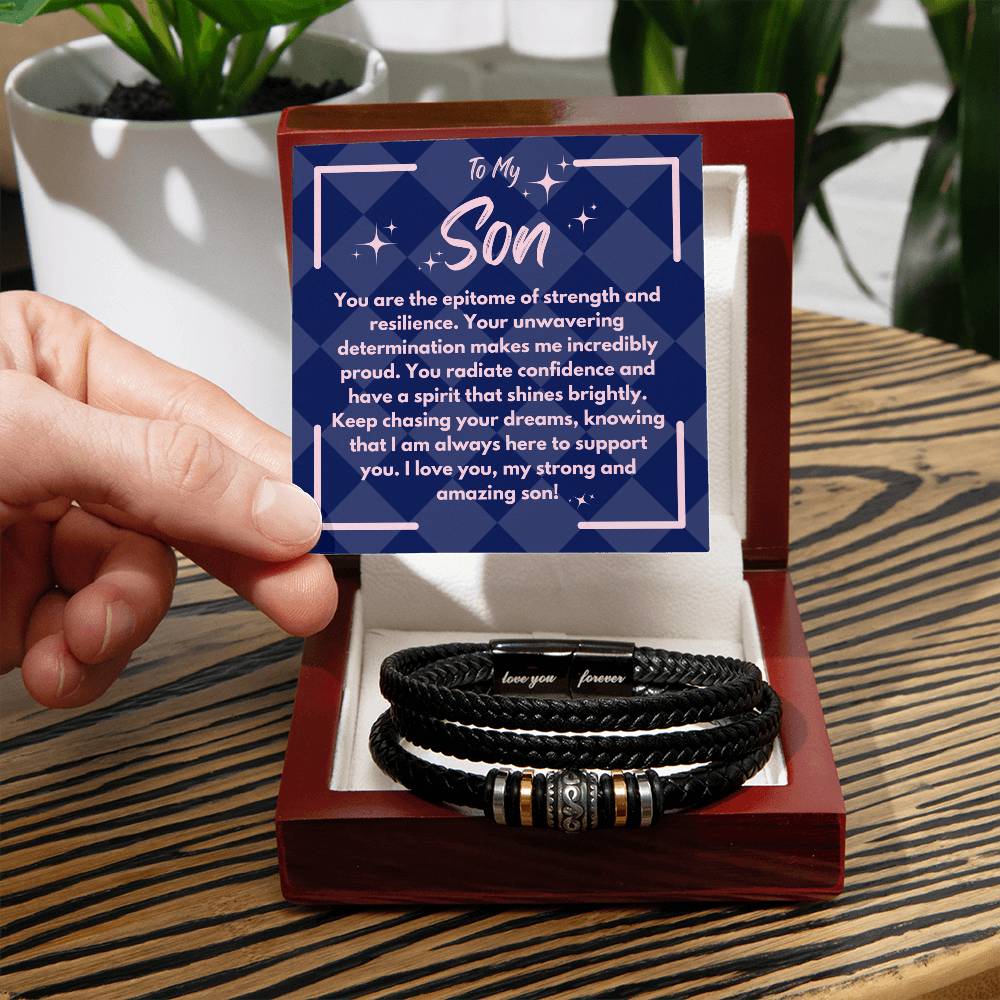 Birthday Gift To My Son, Black Vegan Bracelet With A Message Card In A Gift Box, Unique Gifts Ideas For Boys/Guys/Mens From Mom/Dad/Parents, Cool Present For Him - Zahlia