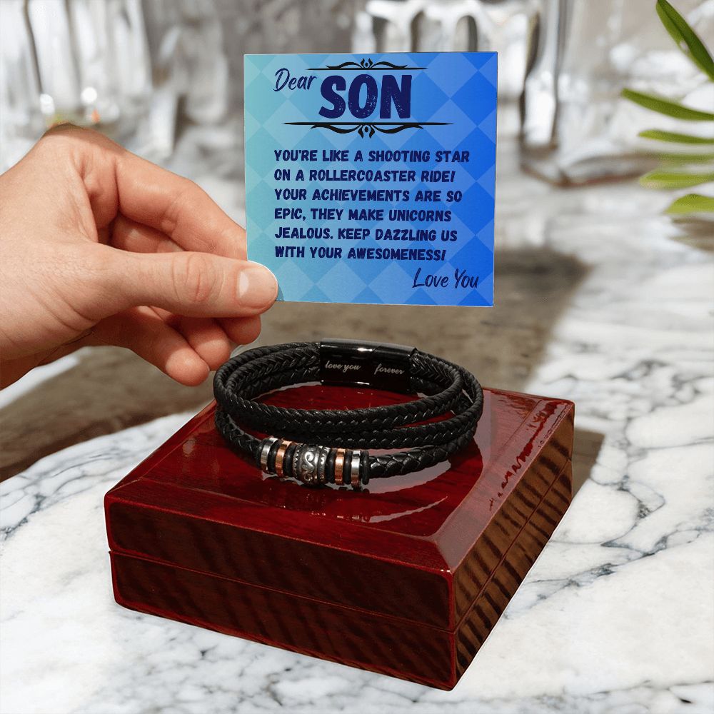 Birthday Gift To My Son, Black Vegan Bracelet With A Message Card In A Gift Box, Unique Gifts Ideas For Boys/Guys/Mens From Mom/Dad/Parents, Cool Present For Him - Zahlia