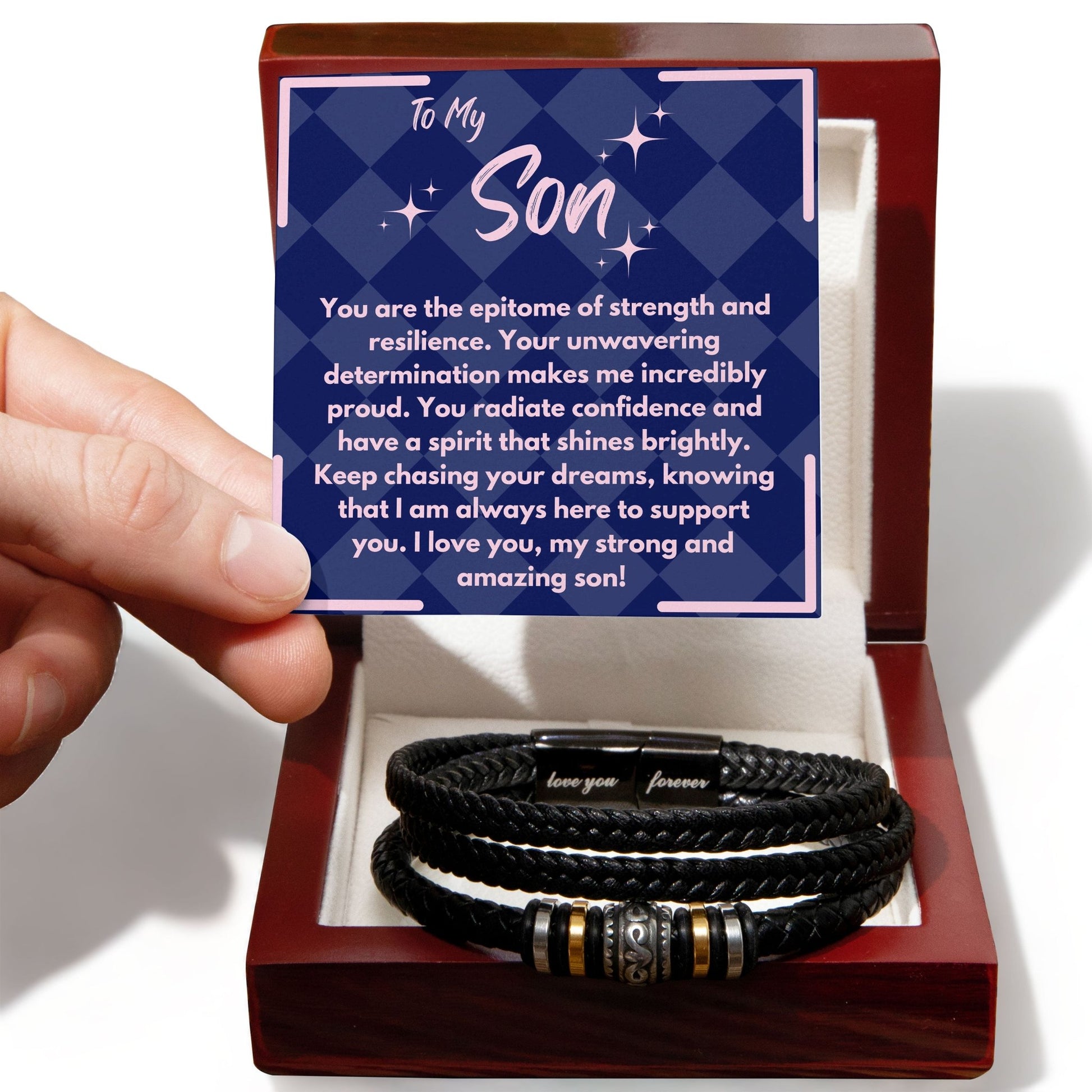 Birthday Gift To My Son, Black Vegan Bracelet With A Message Card In A Gift Box, Unique Gifts Ideas For Boys/Guys/Mens From Mom/Dad/Parents, Cool Present For Him - Zahlia