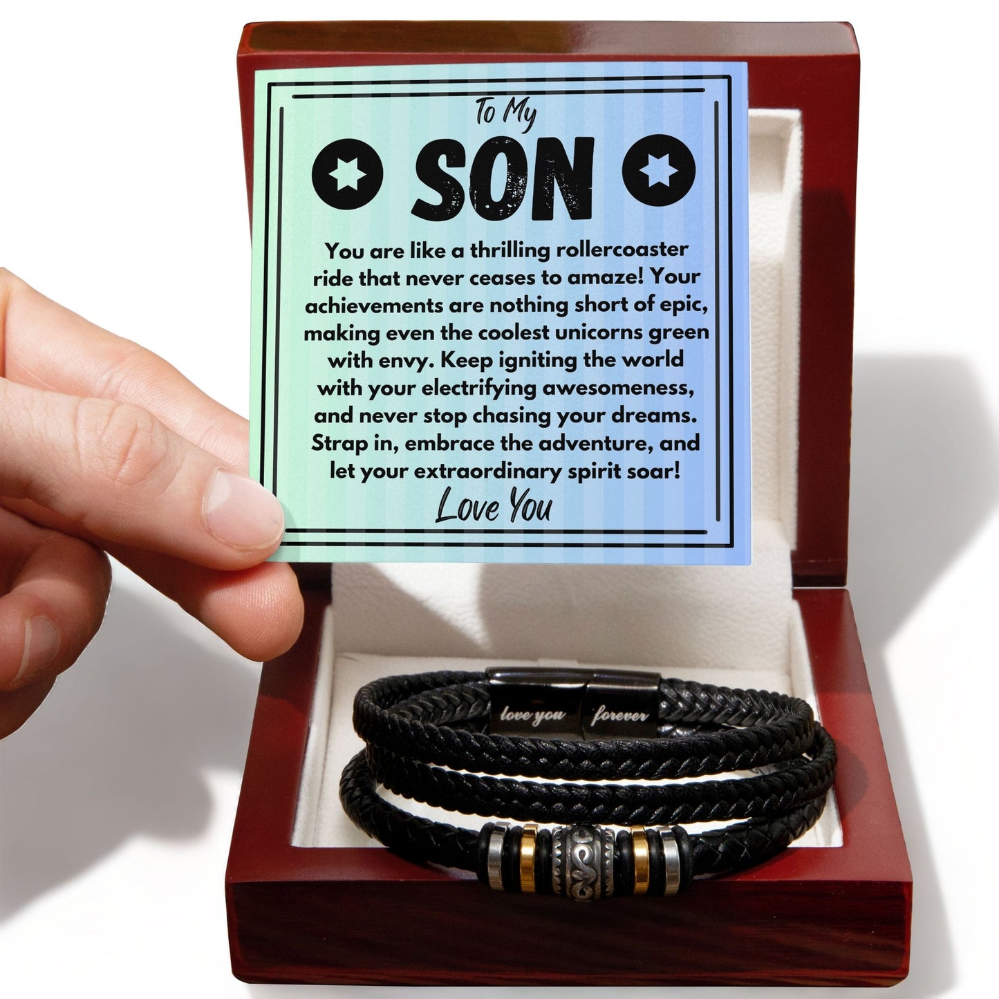 Birthday Gift To My Son, Black Vegan Leather Bracelet With A Message Card In A Gift Box, Unique Gifts Ideas For Boys/Guys/Mens From Mom/Dad/Parents, Cool Present For Him - Zahlia