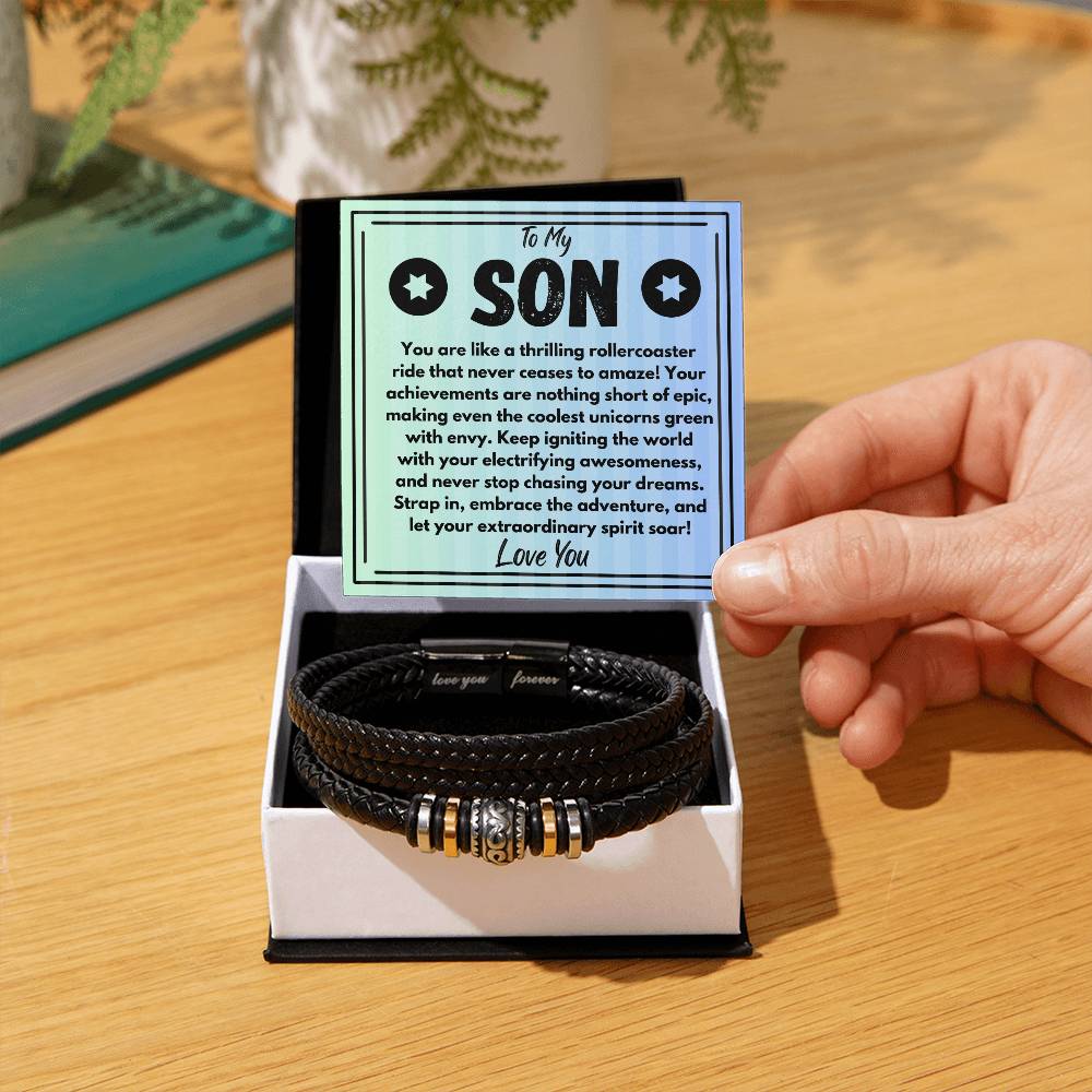 Birthday Gift To My Son, Black Vegan Leather Bracelet With A Message Card In A Gift Box, Unique Gifts Ideas For Boys/Guys/Mens From Mom/Dad/Parents, Cool Present For Him - Zahlia