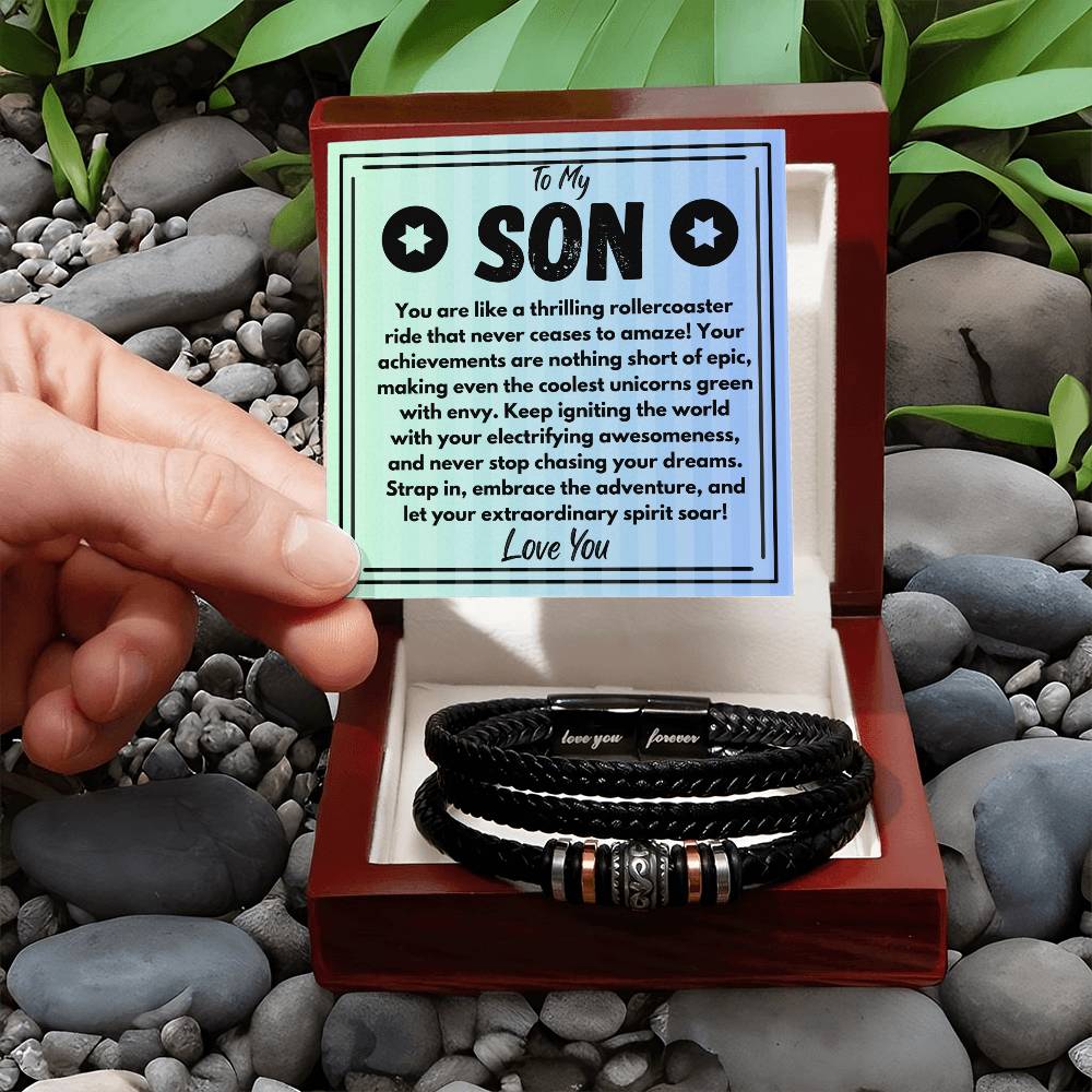 Birthday Gift To My Son, Black Vegan Leather Bracelet With A Message Card In A Gift Box, Unique Gifts Ideas For Boys/Guys/Mens From Mom/Dad/Parents, Cool Present For Him - Zahlia