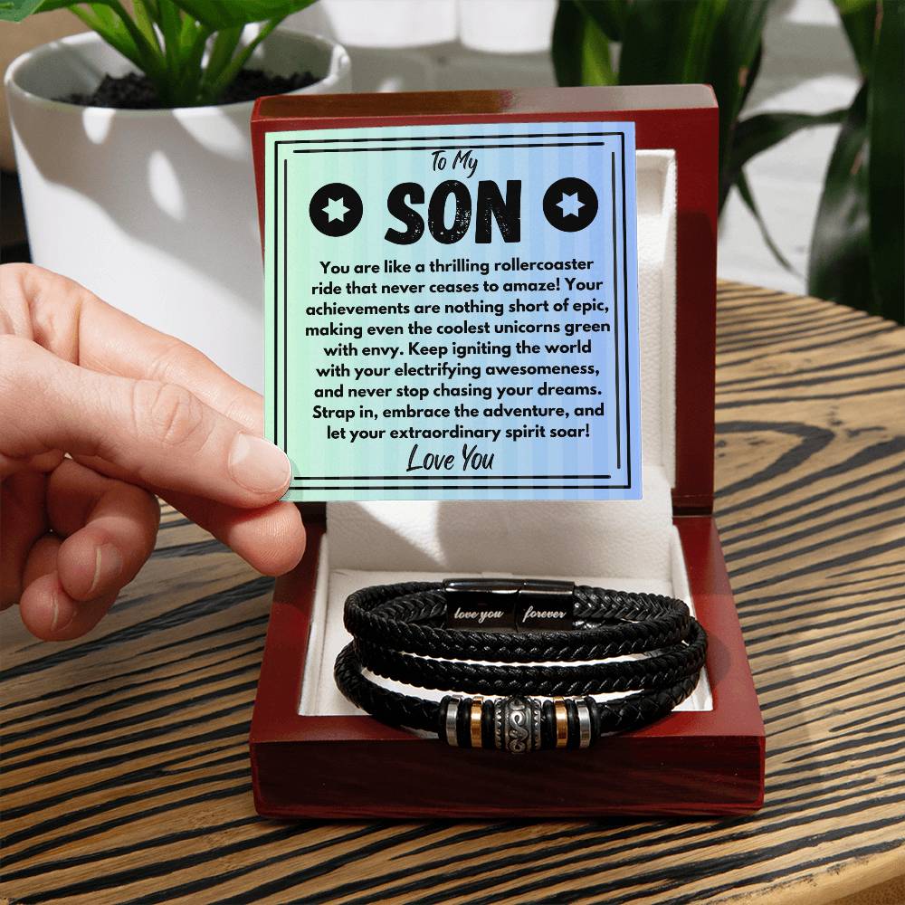 Birthday Gift To My Son, Black Vegan Leather Bracelet With A Message Card In A Gift Box, Unique Gifts Ideas For Boys/Guys/Mens From Mom/Dad/Parents, Cool Present For Him - Zahlia