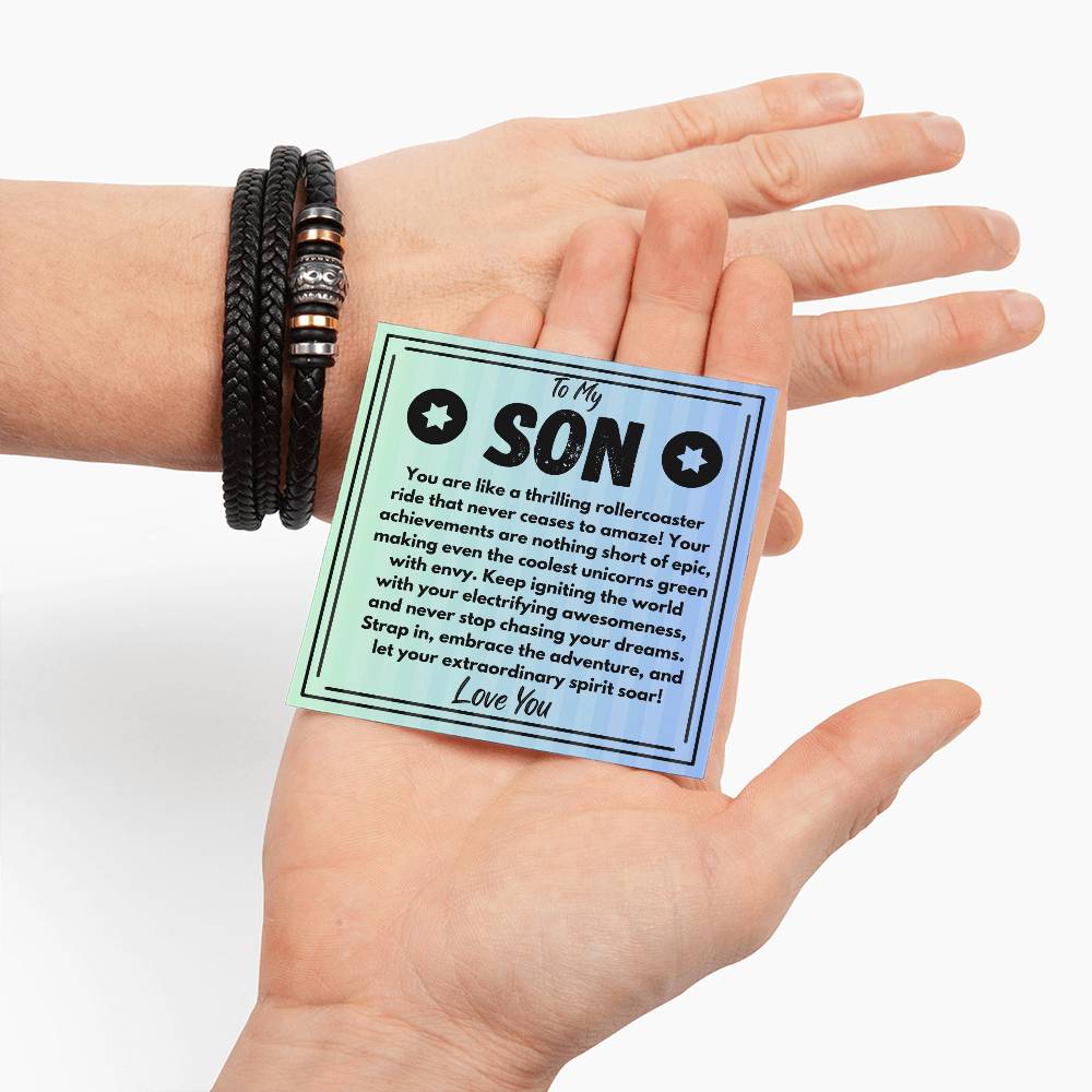 Birthday Gift To My Son, Black Vegan Leather Bracelet With A Message Card In A Gift Box, Unique Gifts Ideas For Boys/Guys/Mens From Mom/Dad/Parents, Cool Present For Him - Zahlia