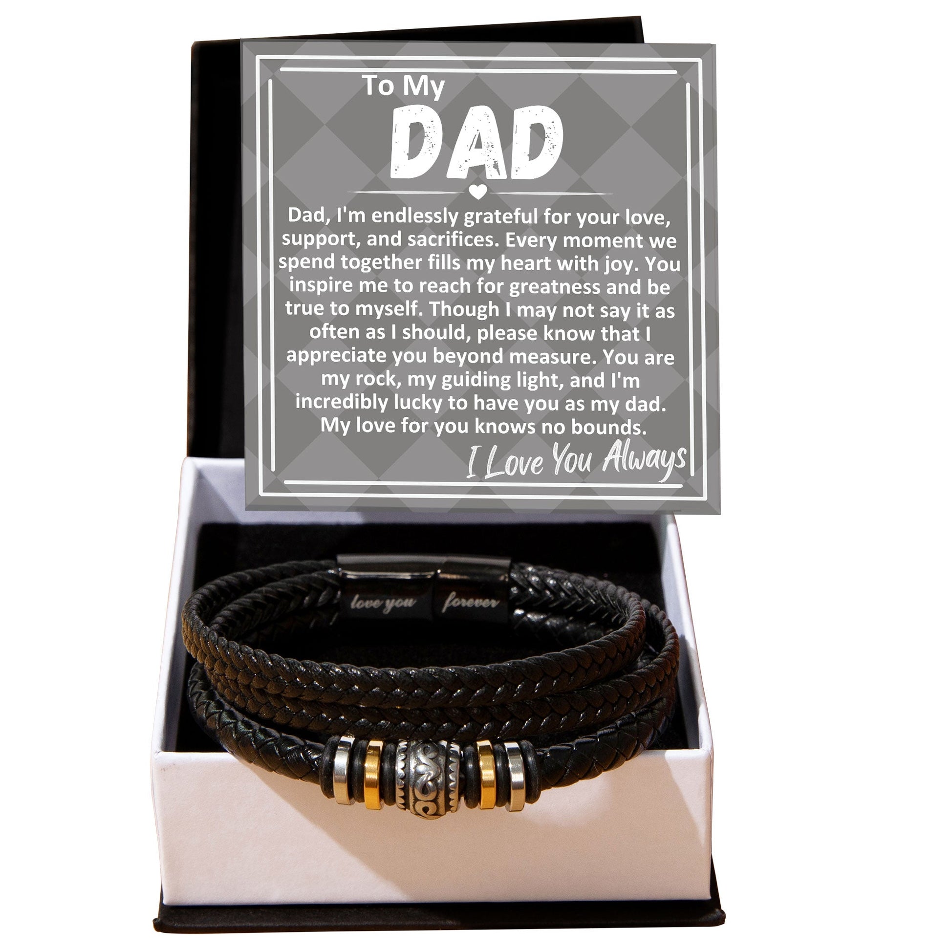 Birthday Gift To The Best Dad/Father In The World, Black Vegan Bracelet With A Message Card In A Gift Box, Cool Mens Jewelry Band For Bday, Present From Children - Zahlia