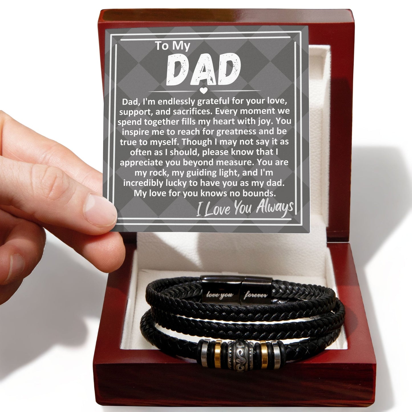 Birthday Gift To The Best Dad/Father In The World, Black Vegan Bracelet With A Message Card In A Gift Box, Cool Mens Jewelry Band For Bday, Present From Children - Zahlia