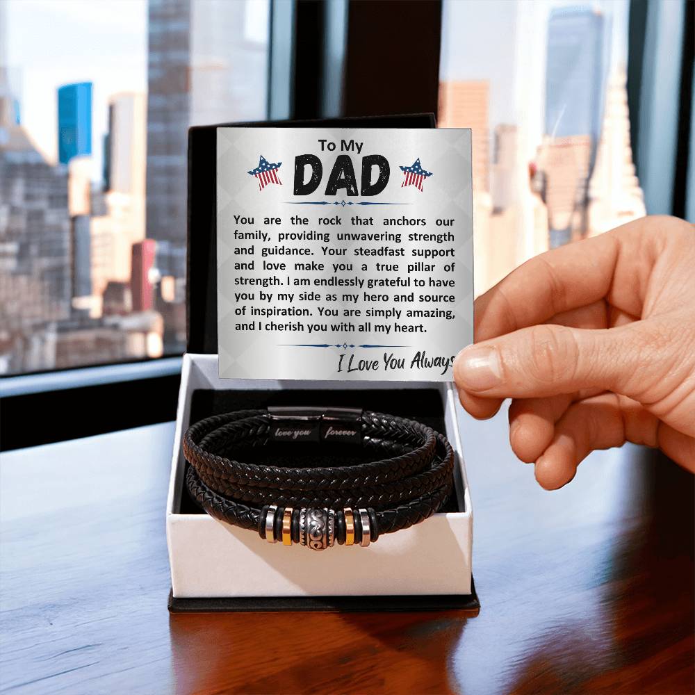 Birthday Gift To The Best Dad/Father In The World, Black Vegan Leather Bracelet With A Message Card In A Gift Box, Cool Mens Jewelry Band For Bday, Present From Children - Zahlia