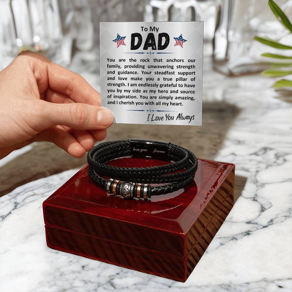 Birthday Gift To The Best Dad/Father In The World, Black Vegan Leather Bracelet With A Message Card In A Gift Box, Cool Mens Jewelry Band For Bday, Present From Children - Zahlia