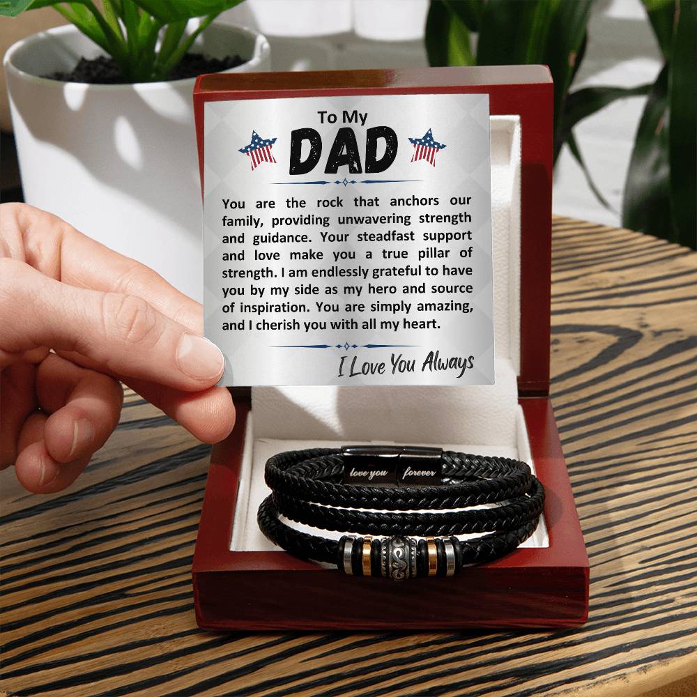 Birthday Gift To The Best Dad/Father In The World, Black Vegan Leather Bracelet With A Message Card In A Gift Box, Cool Mens Jewelry Band For Bday, Present From Children - Zahlia