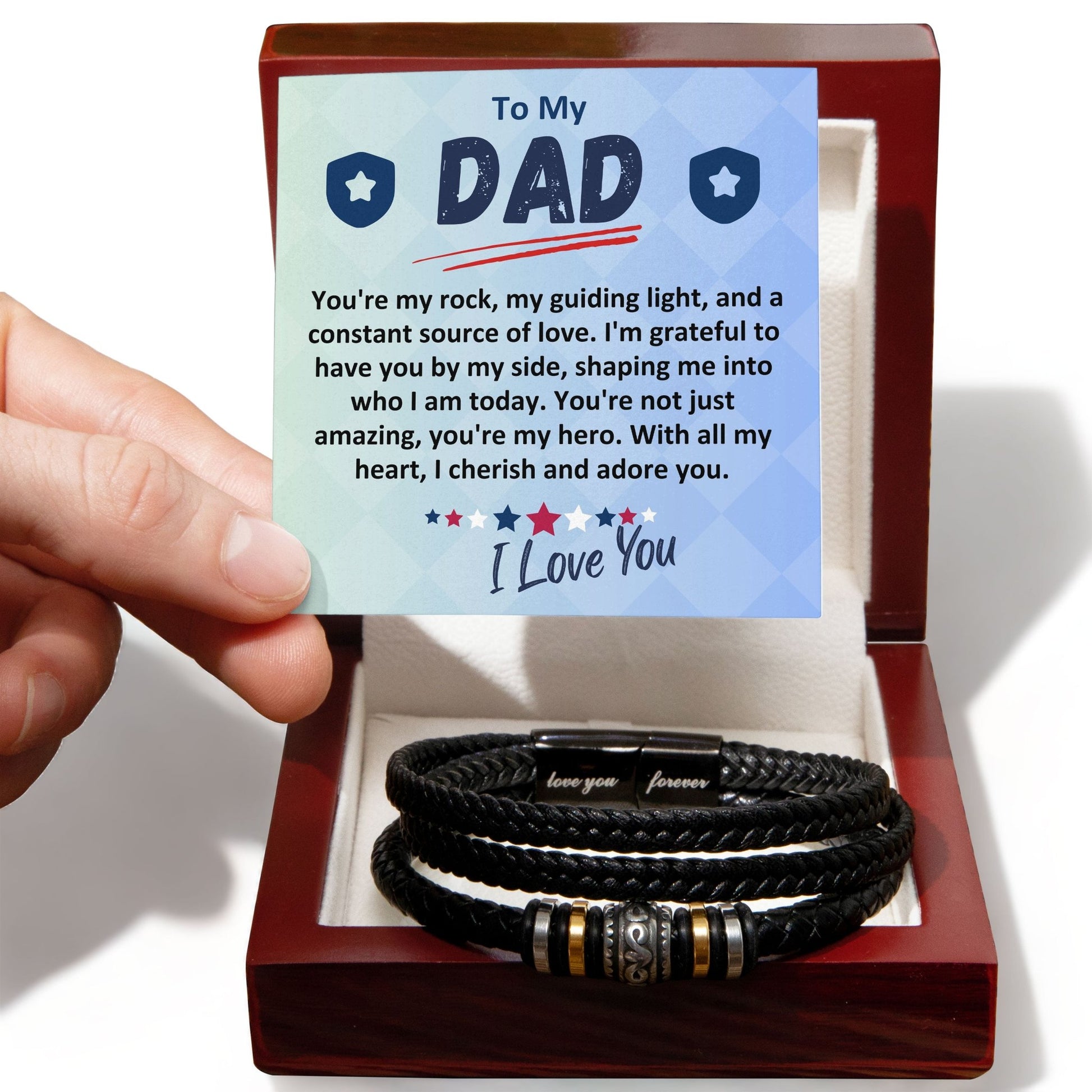 Gift To The Best Dad/Father In The World, Vegan Leather Bracelet With A Message Card In A Gift Box, Cool Mens Jewelry Band For Birthday, Present From Daughter/Son/Children - Zahlia