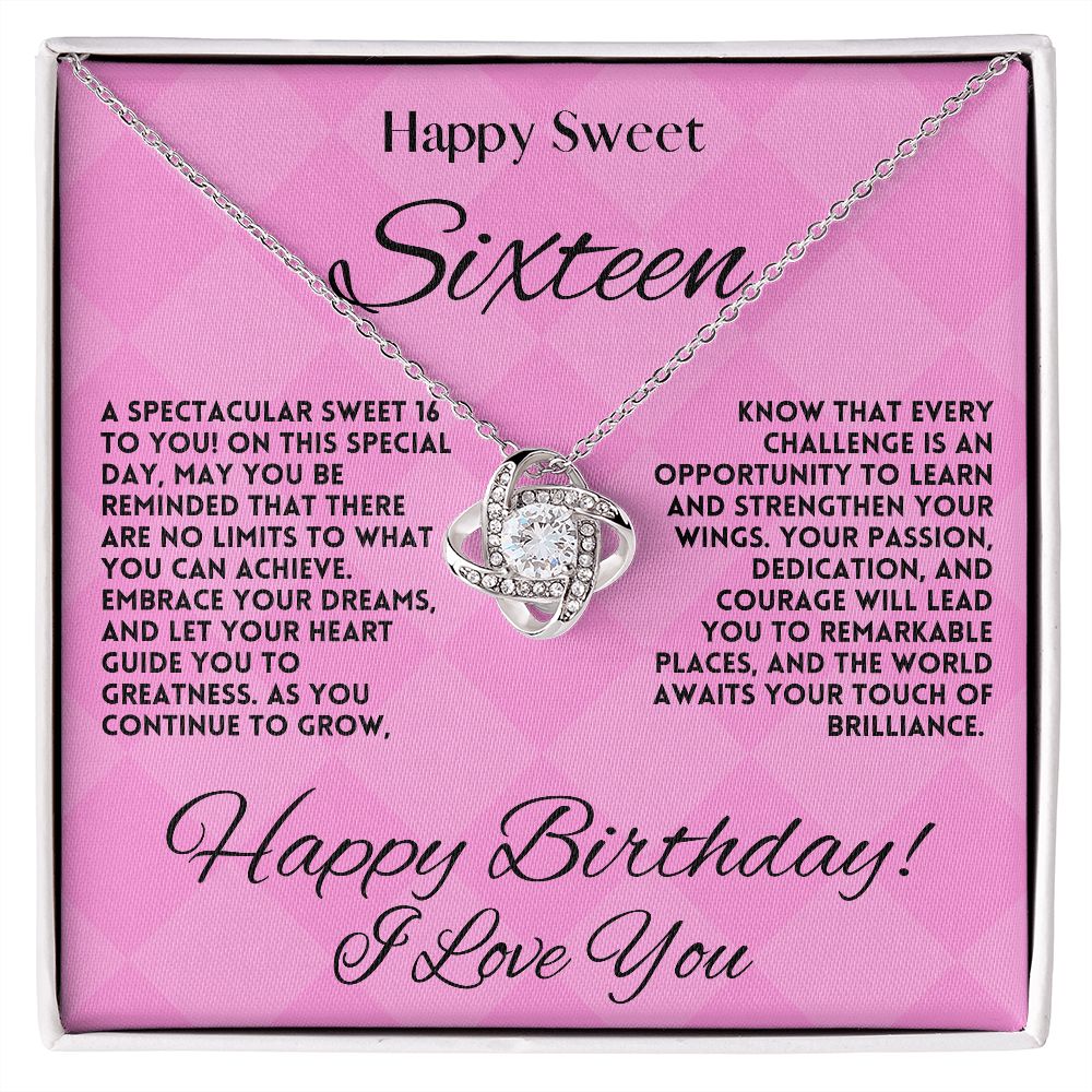 Sweet 16 Birthday Gift Jewelry Necklace For My Daughter - 16th Happy Bday Love Knot Pendant From Mom & Dad - Gift Ideas For A Sixteen Years Old Girl, Message Card And Gift Box - Zahlia